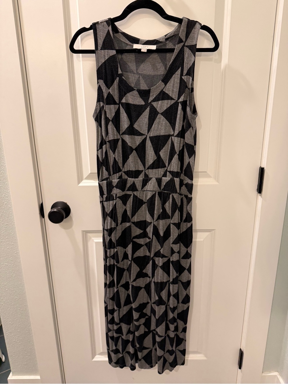 LOFT Black and Gray Geometric Midi Dress